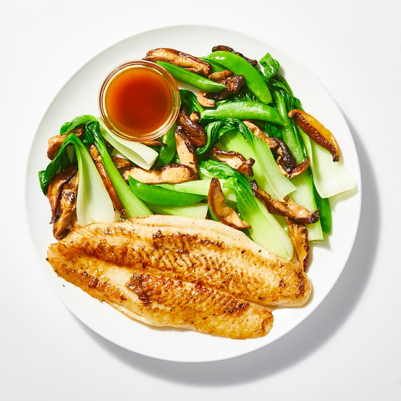 Ponzu Baked Fish with Shitaki Mushroom, Bok Choy over Steamed Rice ...
