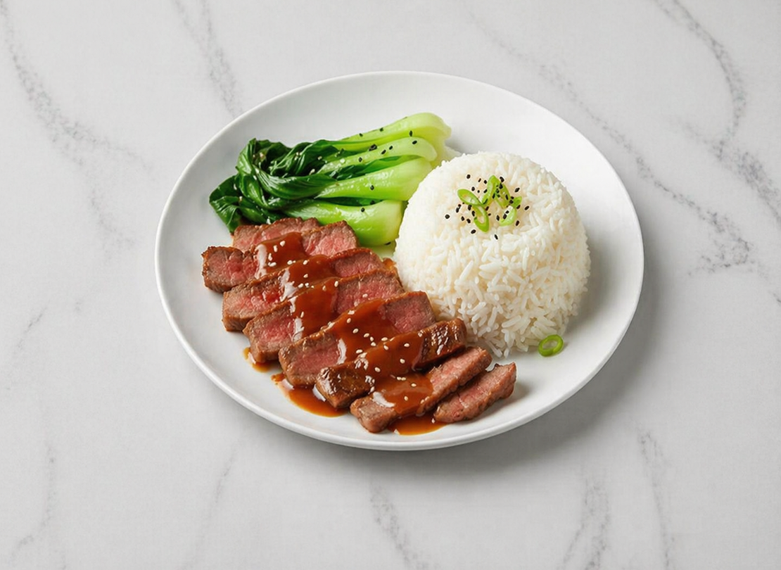 Teriyaki Steak with Bok Choy and Steamed Rice