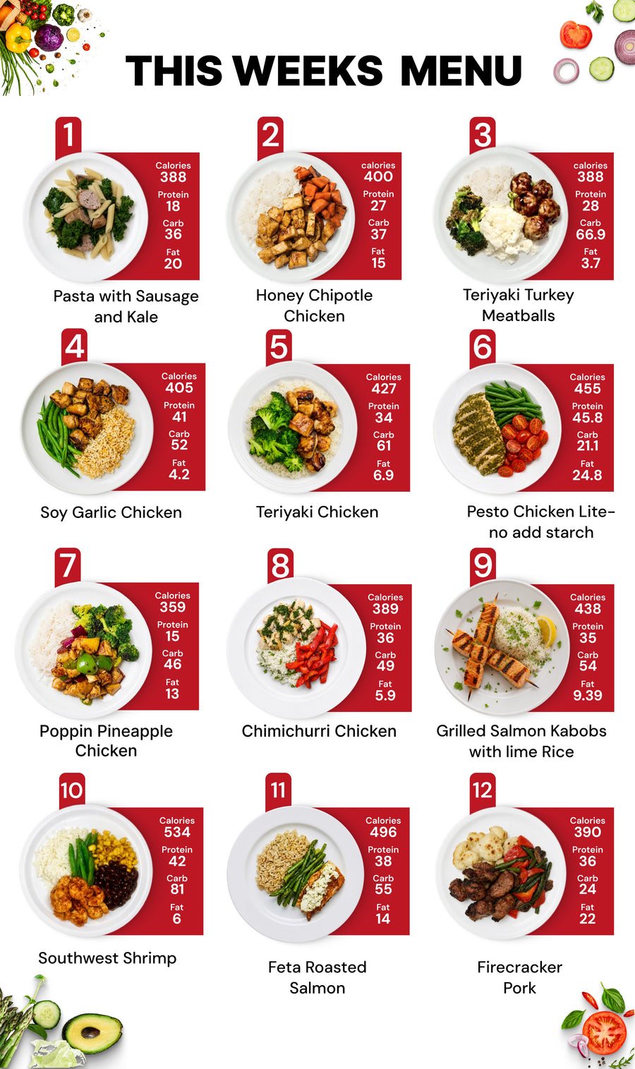 A weekly meal plan menu titled 'THIS WEEKS MENU' with 12 numbered food and recipe cards arranged in a grid on a white background. The cards show photos of different dishes and red blocks with calorie counts.